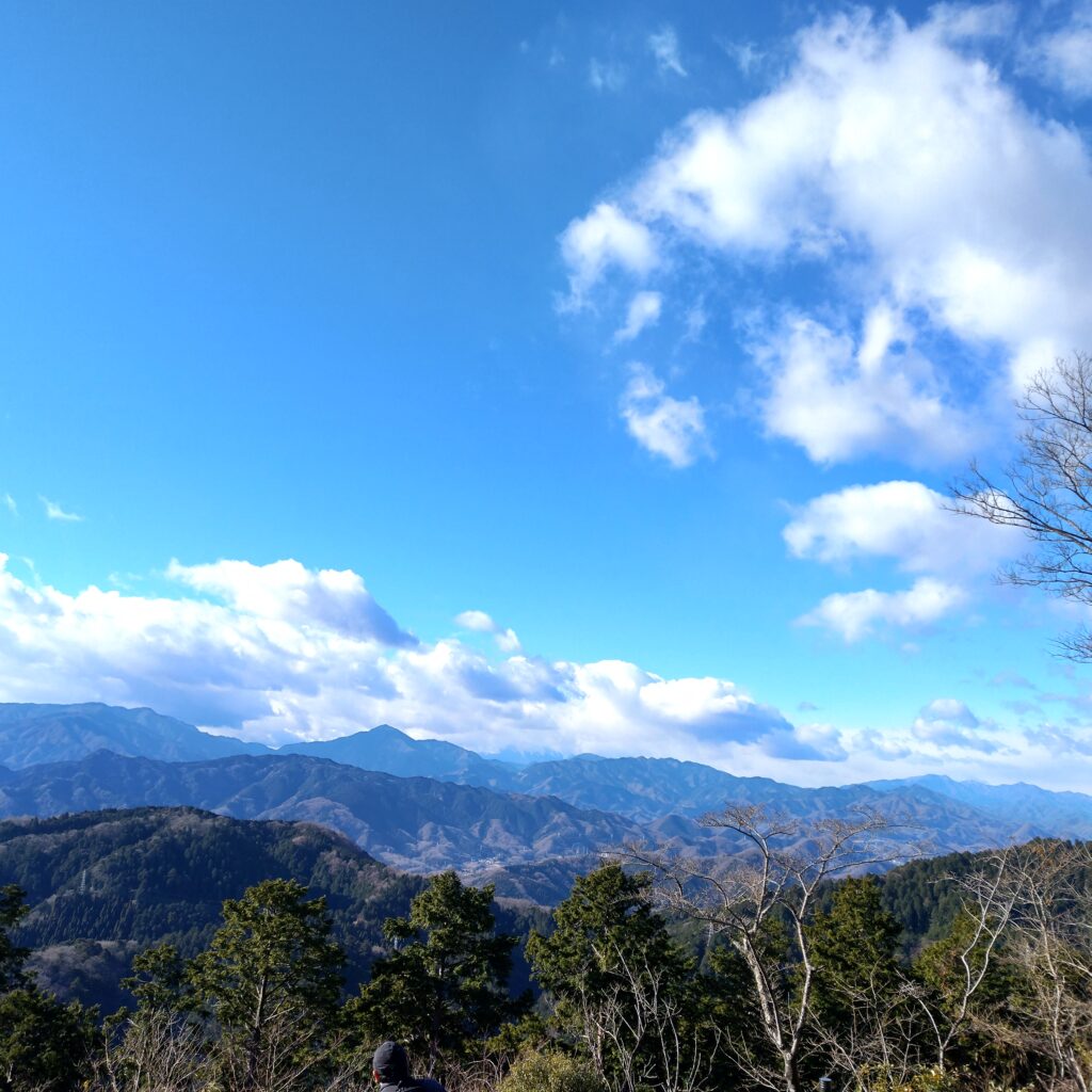 これは私が登った、高尾山の頂上から見える絶景の写真です。丹沢の山々が見えます。